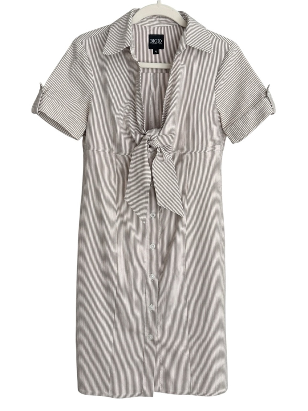 Bigio Collection Pinstripe Shirt Dress Tie Front Button Beige Cotton Blend USA 4